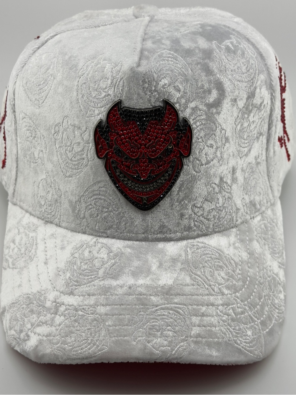 Hat El Diablo White Velvet Baseball Cap with Red Devil Emblem